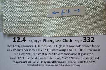 332 12.4 oz Fiberglass Cloth close up with data from Thayercraft