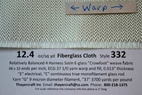 332 12.4 oz/sq yd Fiberglass Cloth close up with data  from Thayercraft