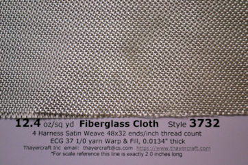 Close up photo with data of style 3732, 12.4 oz/sq yd fiberglass cloth