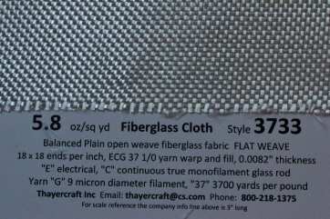 3733 Flat 6 oz fiberglass cloth close up with data  from Thayercraft