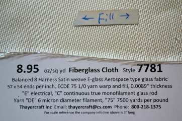 Style 7781 8 harness satin weave fiberglass cloth close up with data  from Thayercraft